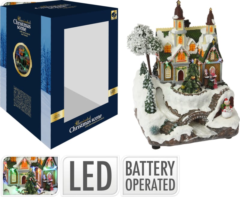 Scène de Noël église avec rivière en fibre optique - multicolore - 19 x 18 x 25 cm - lumières led, musique & mouvement