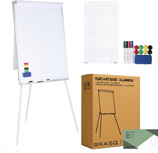 BRASQ Flipchart - 70x100cm - Tableau blanc ajustable - Comprend 25 feuilles de papier, 4 marqueurs, 8 aimants, une gomme - Tableau magnétique avec crochets - Tableau magnétique - Aluminium