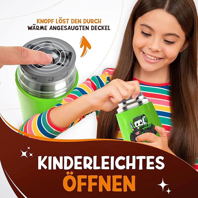 Funkelfuchs® Thermo cup pour aliments pour enfants - 500ml, green trigger - 100% étanche - chauffe aliments en acier inoxydable - thermo cup food - thermo lunch box kids - baby food warmer