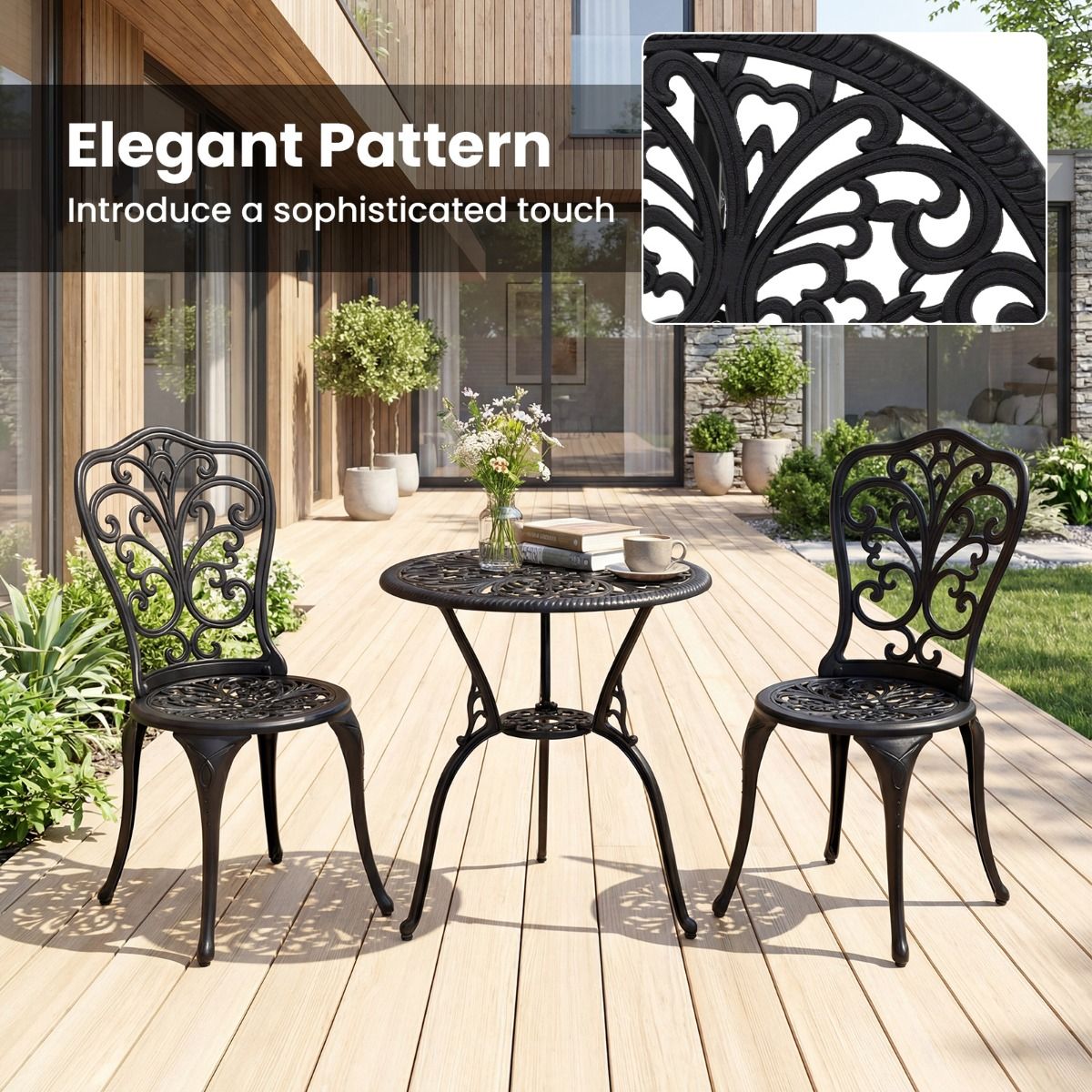 Ensemble de bistrot Coast 3 pièces - aluminium moulé - trou pour parasol - dossiers en forme de papillon - noir