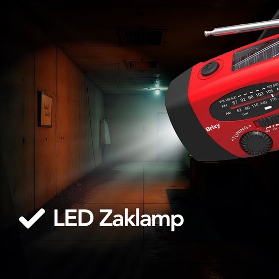 Radio d'urgence Brixy - Radio avec batterie pour les urgences - à remontoir - solaire - lampe de poche - powerbank - rouge