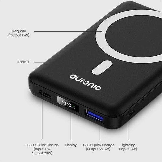 Auronic Powerbank - 10 000 mAh - 22,5W - Chargeur rapide pour iPhone 12/13/14/15 - Chargement magnétique et sans fil - Noir