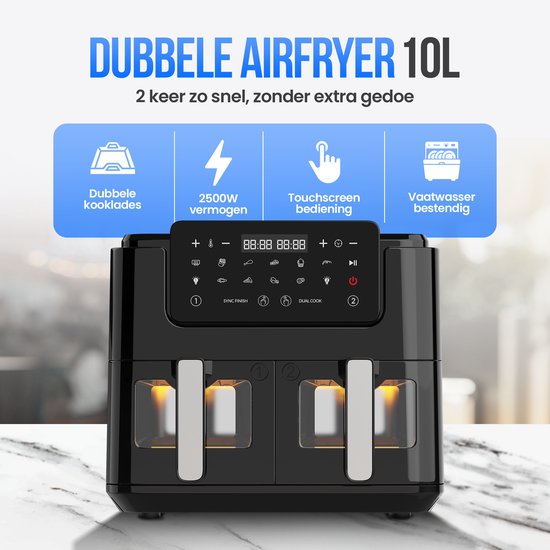 Strex Airfryer XXL - 10L - 2500W - Friteuse à air chaud - Double Airfryer - 50ºC à 200ºC - 10 programmes de cuisson - Noir