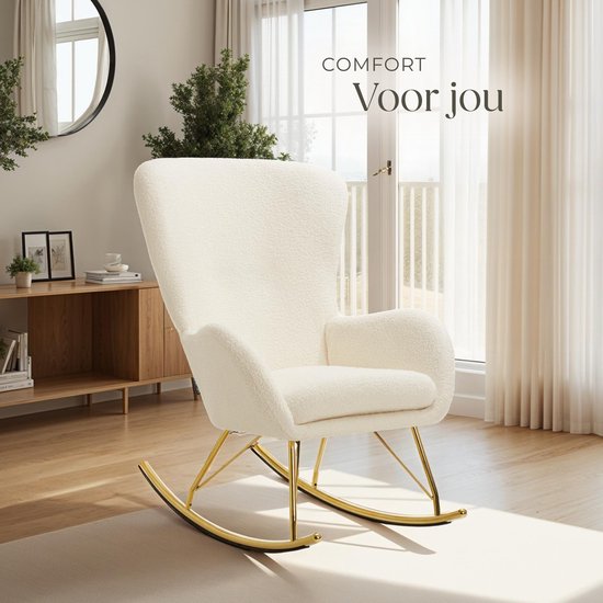 tectake® Swing Rocking Chair - Fauteuil Bouclé tapissé avec patins en acier et coussin d'assise extra épais - Design scandinave, facile d'entretien et ergonomique - crème/doré