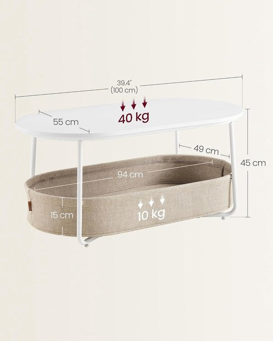 Furnstar - Table basse ovale - Table avec rangement - Table d'appoint - Table de salon avec panier en tissu - Design moderne - Structure en métal - Blanc mat Camel brown