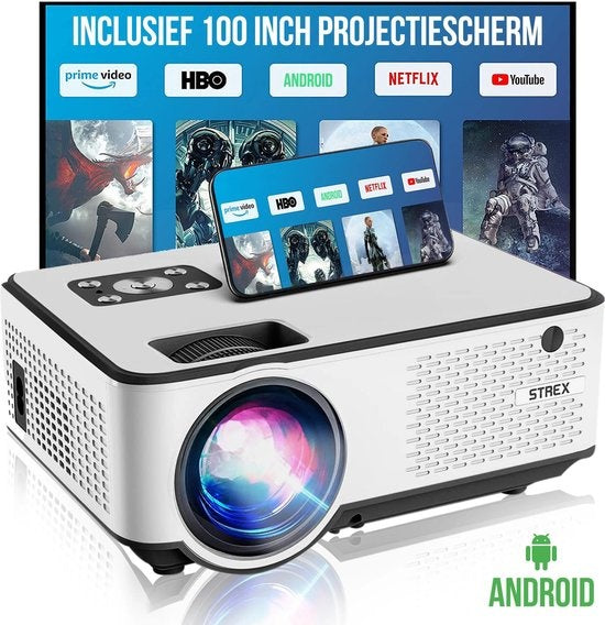 Strex Beamer ANDROID - Entrée en Full HD - 7000 Lumens - Streaming depuis votre téléphone avec WiFi - Mini projecteur - Ecran de projection 100" inclus