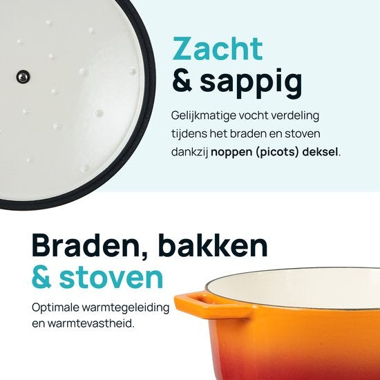 Casserole en fonte - MOA - 5,7 L - 26cm - Ronde - Toutes sources de chaleur - Egalement pour induction - Poids 5,8 kg - Orange Rouge