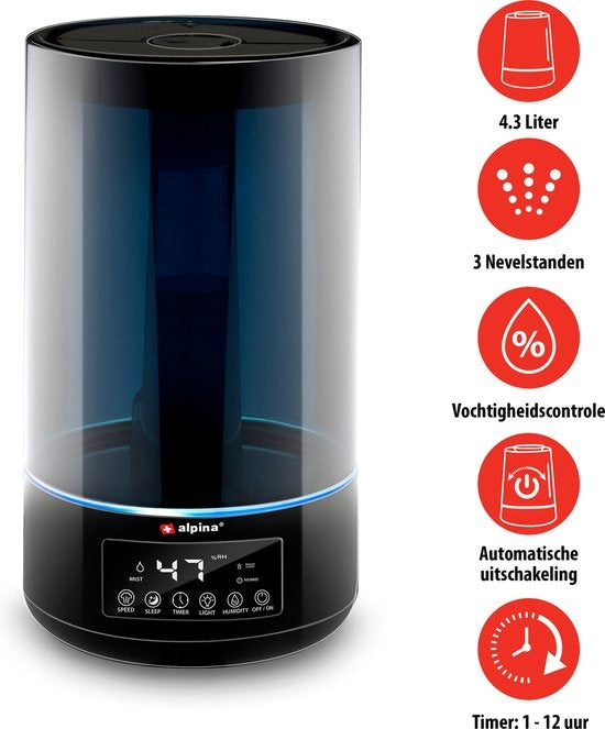 alpina Humidificateur 4.3L - Humidificateur - Diffuseur d'arômes avec minuterie - Télécommande - Noir