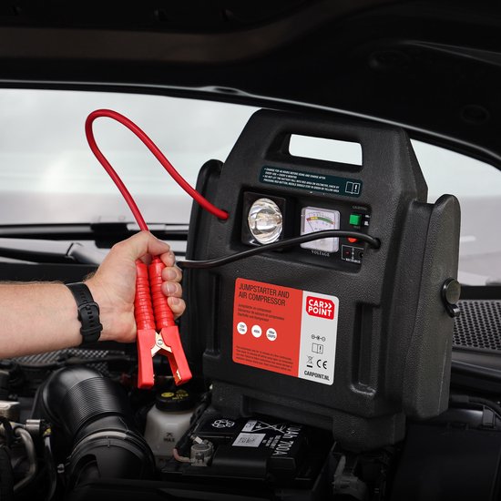 Carpoint Jumpstarter - 12 Volt - Avec compresseur d'air - Puissance de pointe 400A - Chargement avec adaptateur 230 Volt ou 12 Volt - Pression maximale du compresseur 18 BAR/260 PSI - Eclairage LED intégré - Dimensions 365x345x175mm