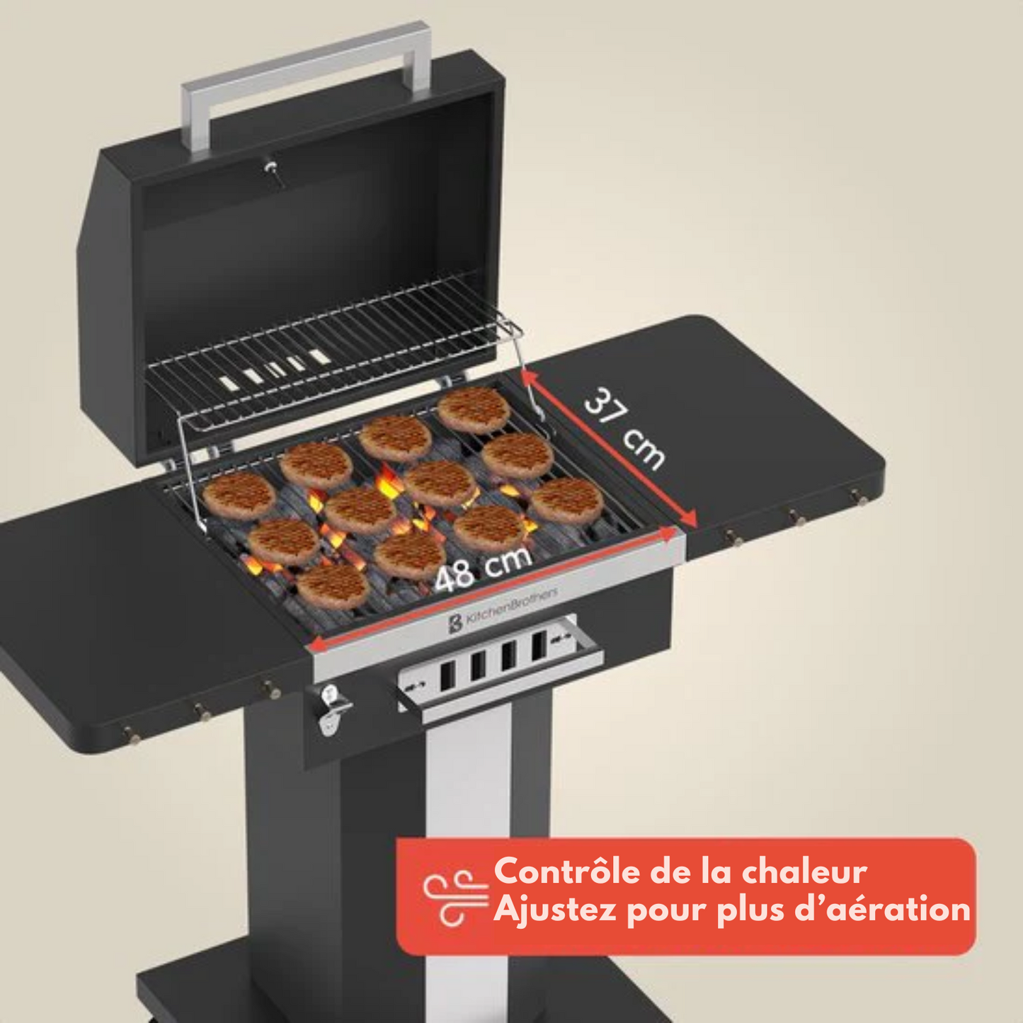 Barbecue au charbon de bois – KitchenBrothers – Barbecue Grill - Avec couvercle, grille de réchauffage & roulettes – 81 x 48 x 94 cm – Noir