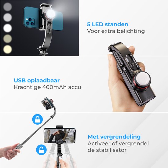 Nuvance - Stabilisateur à cardan pour smartphone - Stick à selfie - avec trépied et télécommande - Trépied