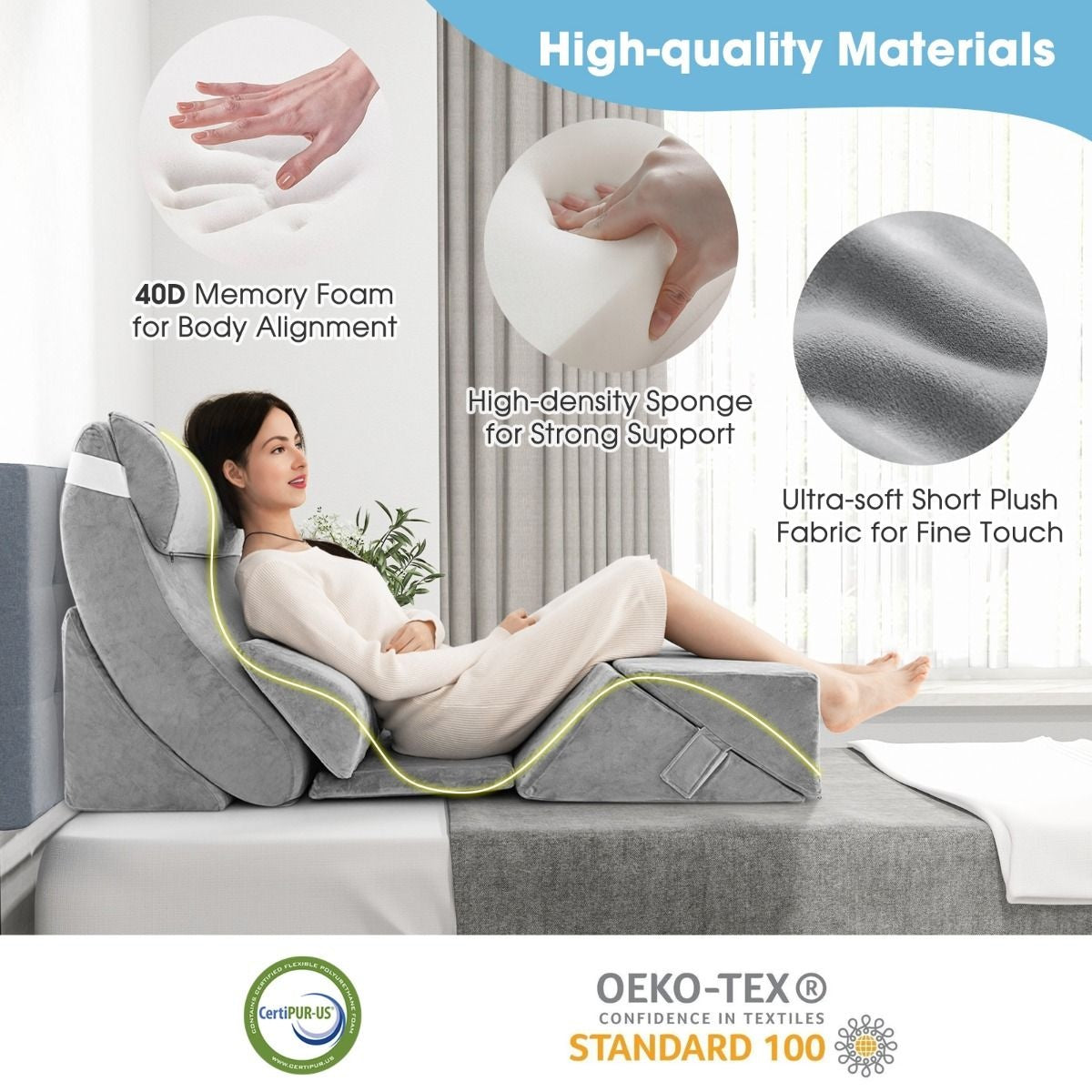 Coast Set de 7 coussins de lecture en mousse à mémoire de forme / coussins orthopédiques / housse lavable / ergonomique / gris
