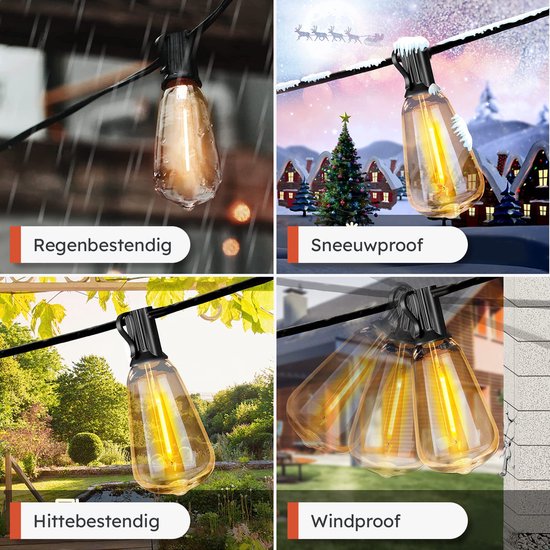 Partizzle 15m LED Guirlande lumineuse Edison - 25 Lampes - Guirlande lumineuse de Noël étanche pour terrasse extérieure et camping - Lumières de Noël / Lumières de jardin - 2700k / Blanc chaud