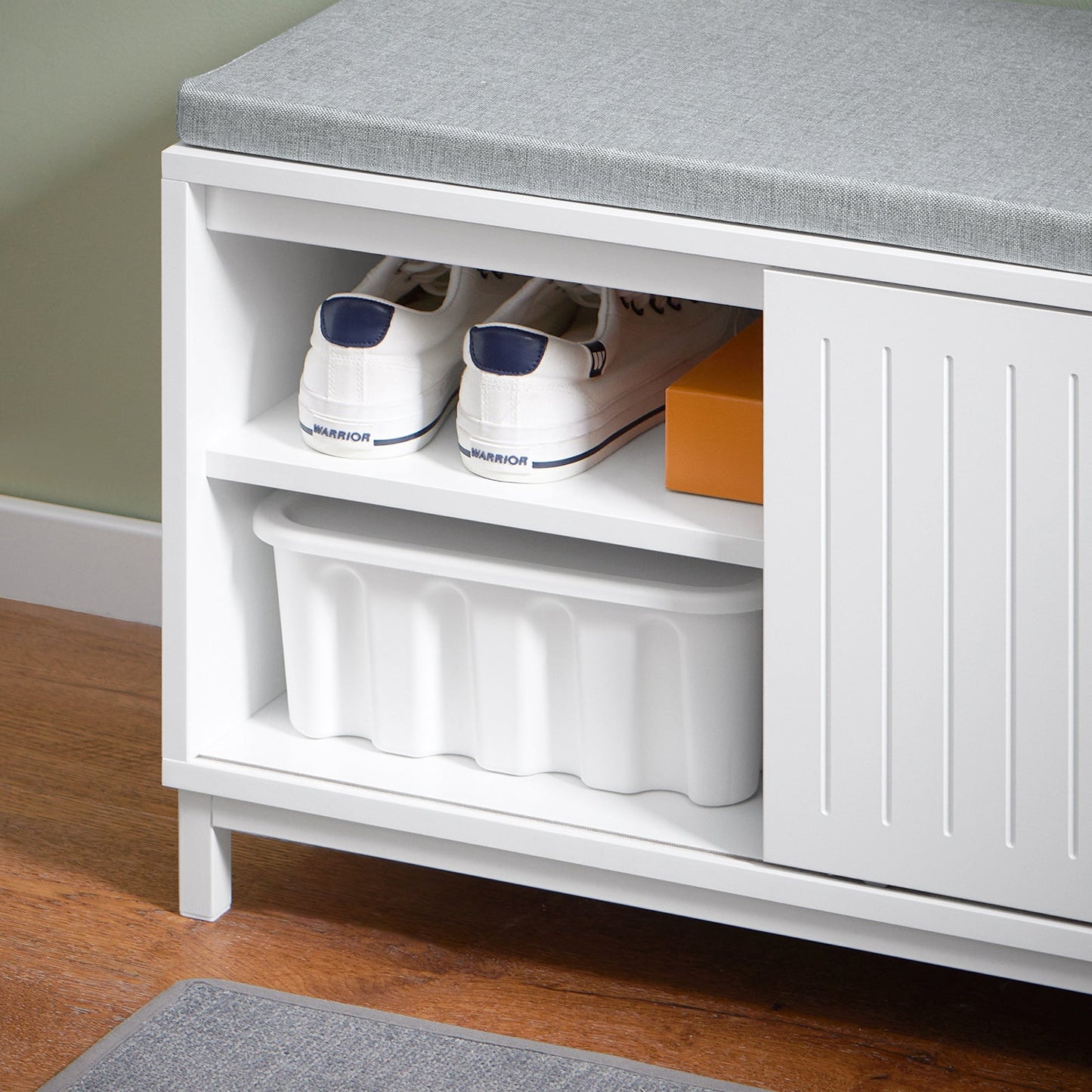 SoBuy Banc de rangement avec meuble à chaussures - Blanc - 100x35x45 cm - Modèle FSR166-W - Avec 2 coussins rembourrés, porte coulissante et 3 compartiments de rangement