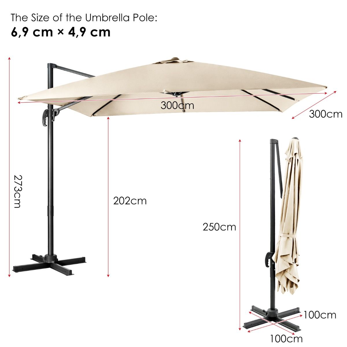 Parasol de terrasse cantilever Coast - 3 positions d'inclinaison - Rotation 360° - 8 balais solides - Beige