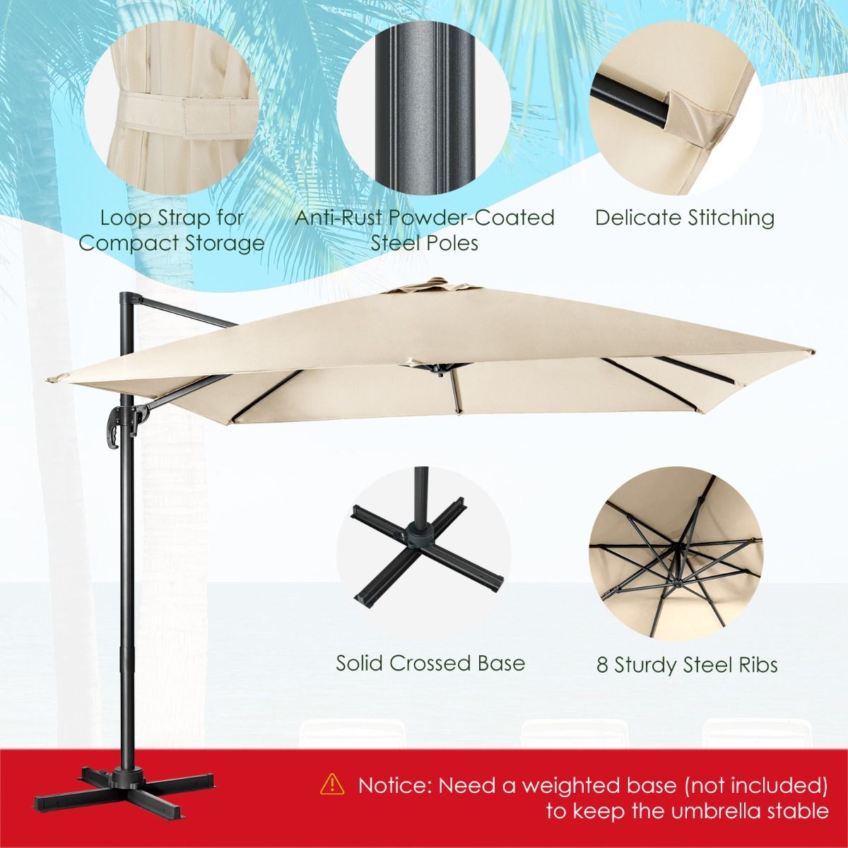 Parasol de terrasse cantilever Coast - 3 positions d'inclinaison - Rotation 360° - 8 balais solides - Beige