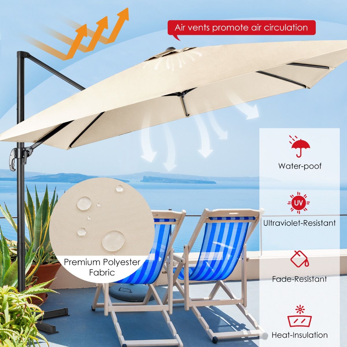 Parasol de terrasse cantilever Coast - 3 positions d'inclinaison - Rotation 360° - 8 balais solides - Beige