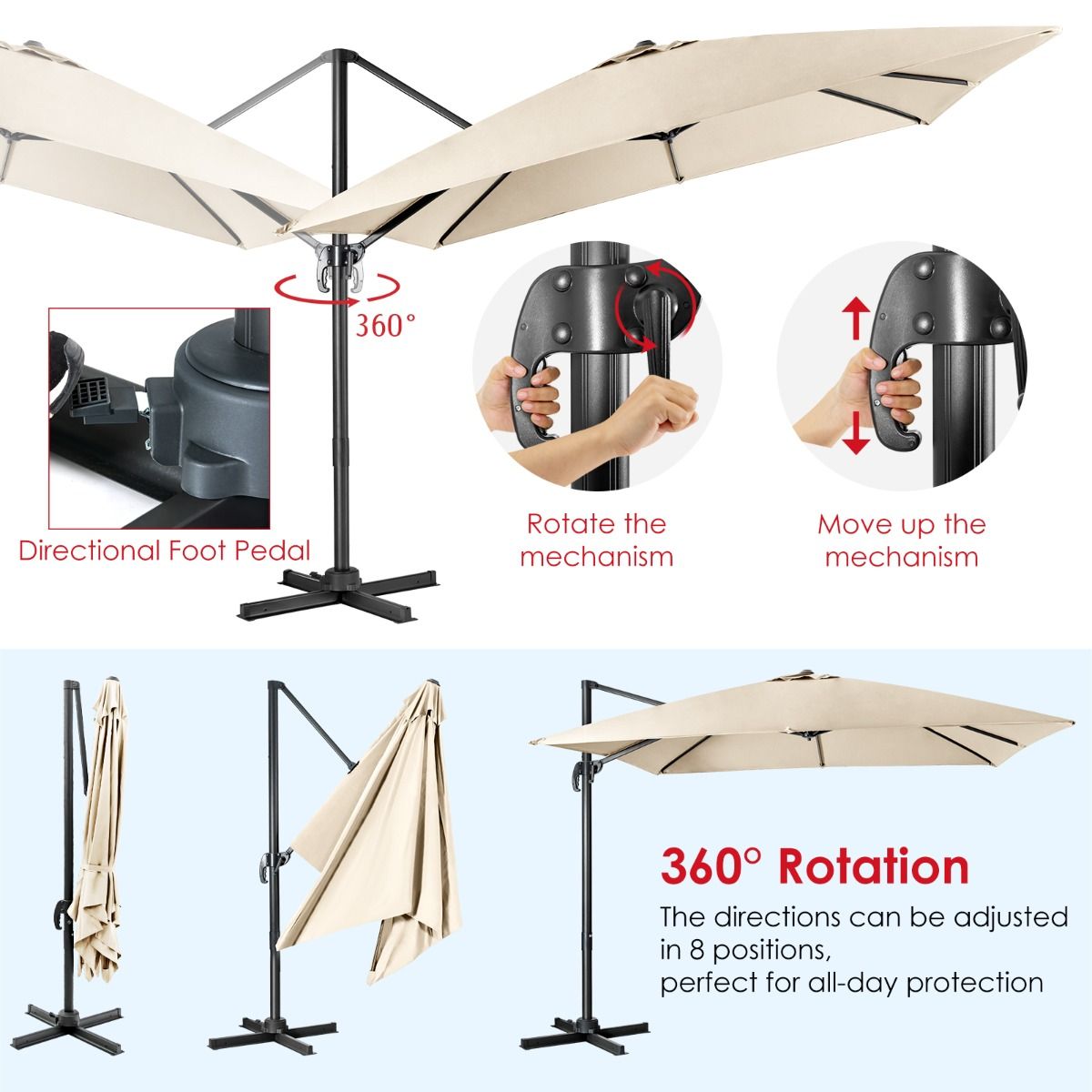 Parasol de terrasse cantilever Coast - 3 positions d'inclinaison - Rotation 360° - 8 balais solides - Beige