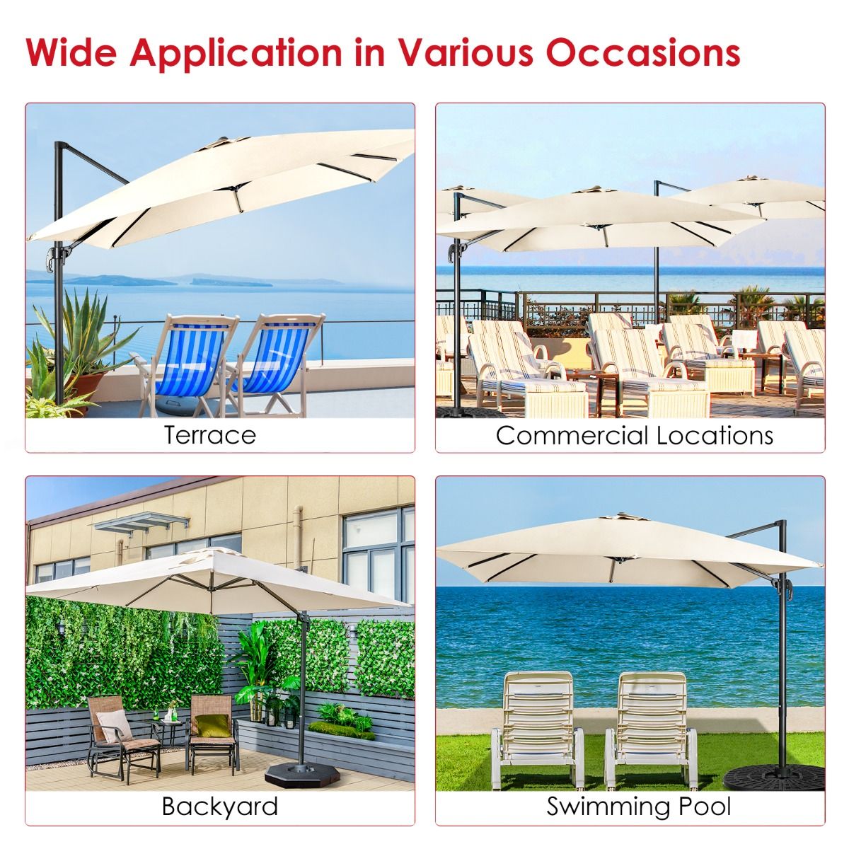 Parasol de terrasse cantilever Coast - 3 positions d'inclinaison - Rotation 360° - 8 balais solides - Beige