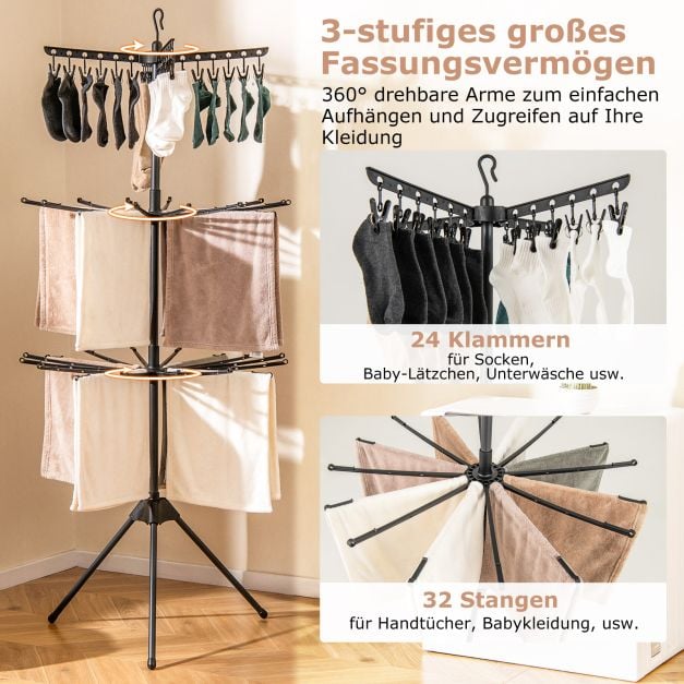 Coast Foldable Drying Rack 3-Layer - Étagère à linge avec 24 pinces et 32 tringles 76 x 76 x 178 cm - Noir
