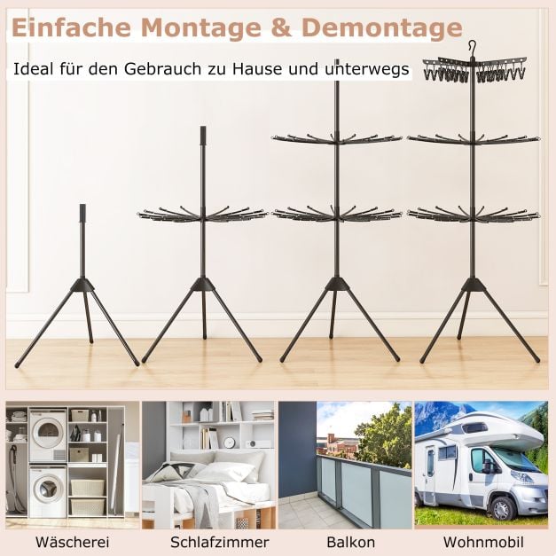 Coast Foldable Drying Rack 3-Layer - Étagère à linge avec 24 pinces et 32 tringles 76 x 76 x 178 cm - Noir