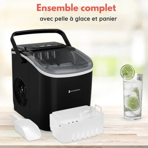 Machine à glaçons KitchenBrothers - 7 à 9 min - Portable avec poignée - Pelle à glaçons incluse - Noir