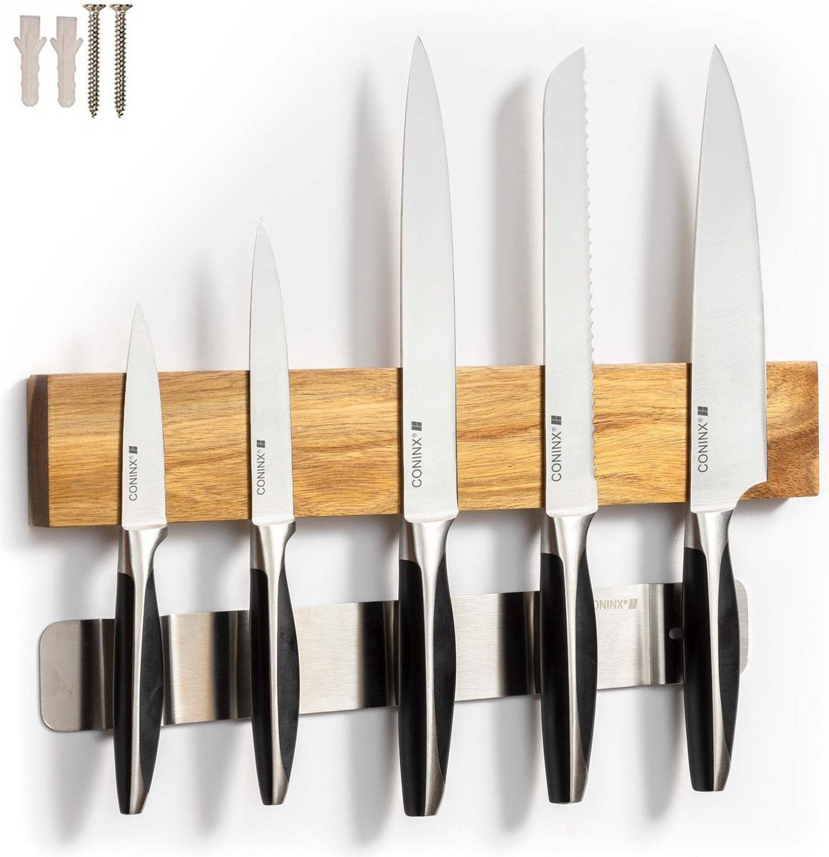 Grand Aimant à Couteaux 40CM - Porte-Couteaux Magnétique en Bois - Fixation par Vis - Bloc à Couteaux Magnétique en Acacia de Coninx - pour 6 à 9 Couteaux de Cuisine