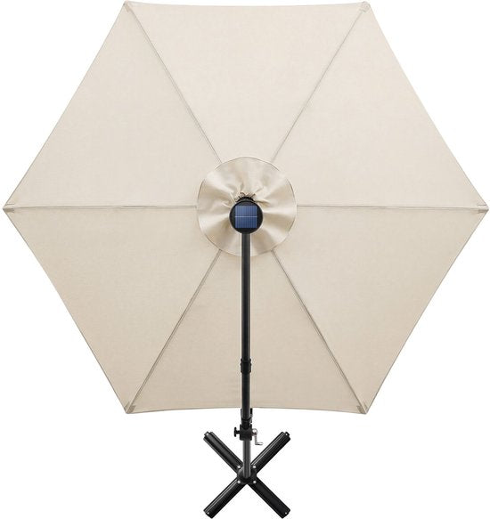tectake® Parasol suspendu avec pied - 3 x 3 m - Parasol de jardin avec éclairage LED à énergie solaire - Orientable - Polyester hydrofuge avec protection UV - Housse incluse - Beige