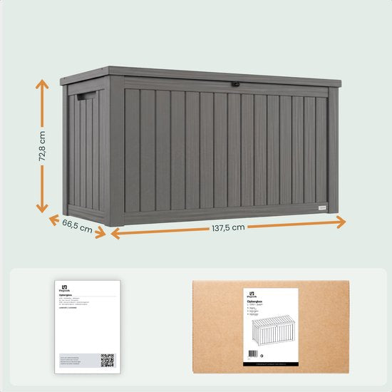 LifeGoods Boîte de rangement - 570L - Boîte à coussins - Imperméable - Boîte à coussins de jardin - Inox - Boîte de jardin - 137.5x66.5x72.8 cm - Gris