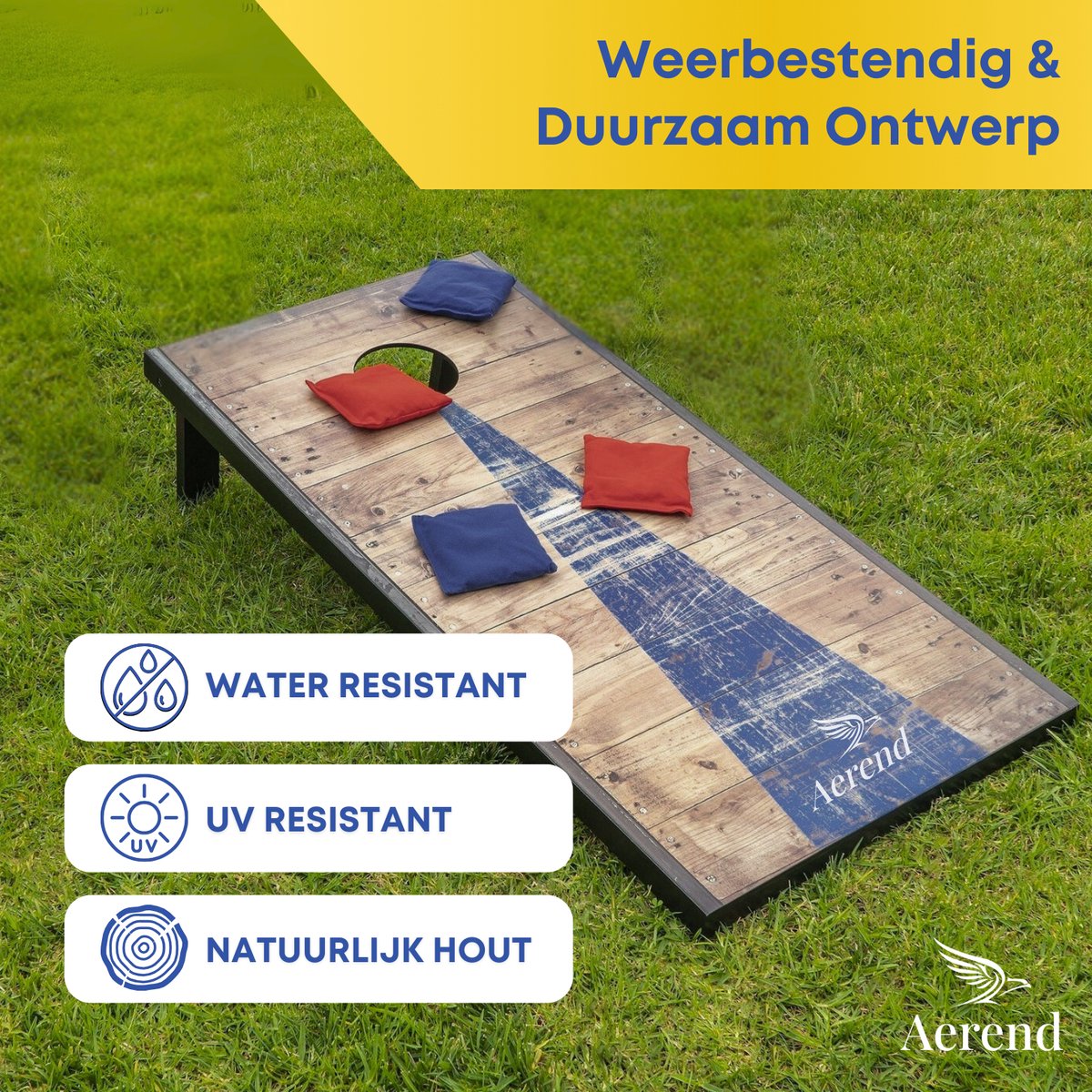 Jeu de cornhole Aerend – Plateau de jeu 91 x 61 cm, avec 8 sacs de fèves résistants aux intempéries et un sac de transport – MDF résistant aux intempéries – Design rustique en bois de grange – Pour le jardin, la plage et les fêtes de famille