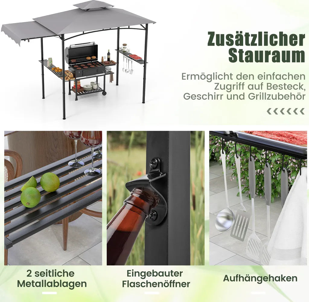 Pavillon de barbecue Coast résistant aux intempéries 318 × 153 × 250 cm – Abri pour barbecue avec auvent latéral, double toit, tables latérales, crochets et décapsuleur – Gris/Noir