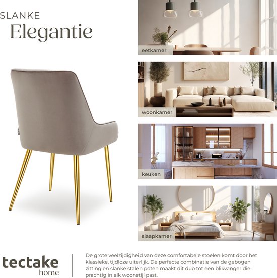 tectake® Chaise de salle à manger Avane - Aspect velours - Chaise ergonomique rembourrée avec pieds en acier doré - Capacité 120 kg - Chaise de salle à manger et de cuisine moderne - Lot de 2 - Taupe