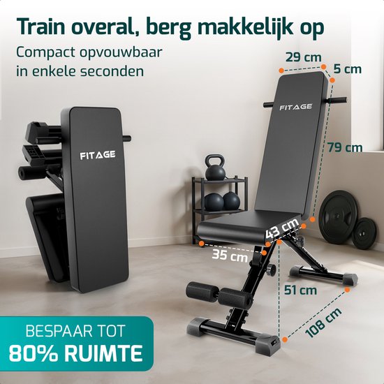 FITAGE Fitness Bench - Banc de musculation jusqu'à 300KG - Réglable - Pliable - Noir