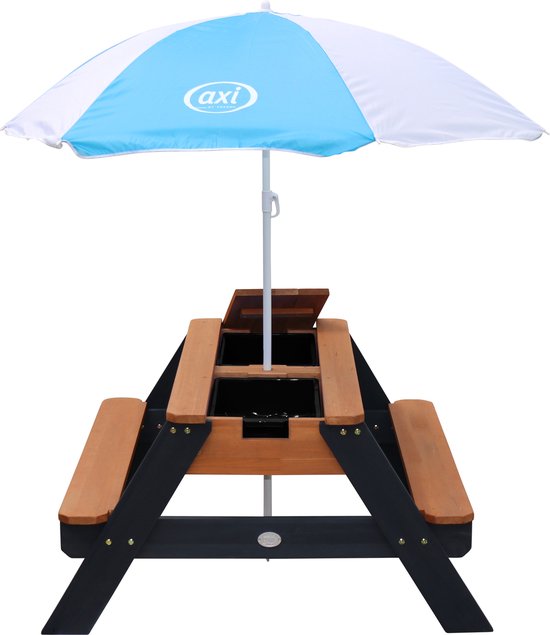 Table de pique-nique AXI Nick Zand & Water, couleur anthracite/marron - Avec parasol bleu/blanc - Table de pique-nique multifonctionnelle en bois certifié FSC - Table de pique-nique en bois pour enfants