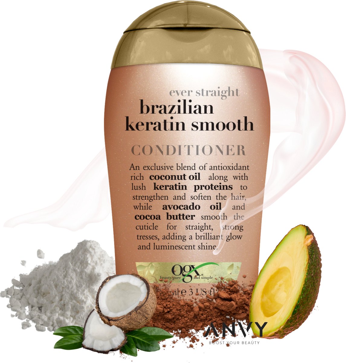 OGX Ever Straight Brazilian Keratin Therapy Après-shampoing - 88,7 ml - Format voyage - À la kératine, à l'huile de coco et à l'huile d'avocat