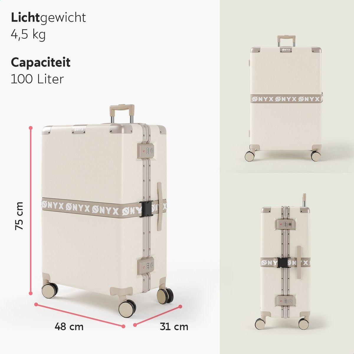 ONYX® - Valises 100L - Serrure TSA - Roues spinner - Trolley léger - Fermeture aluminium - Blanc sable