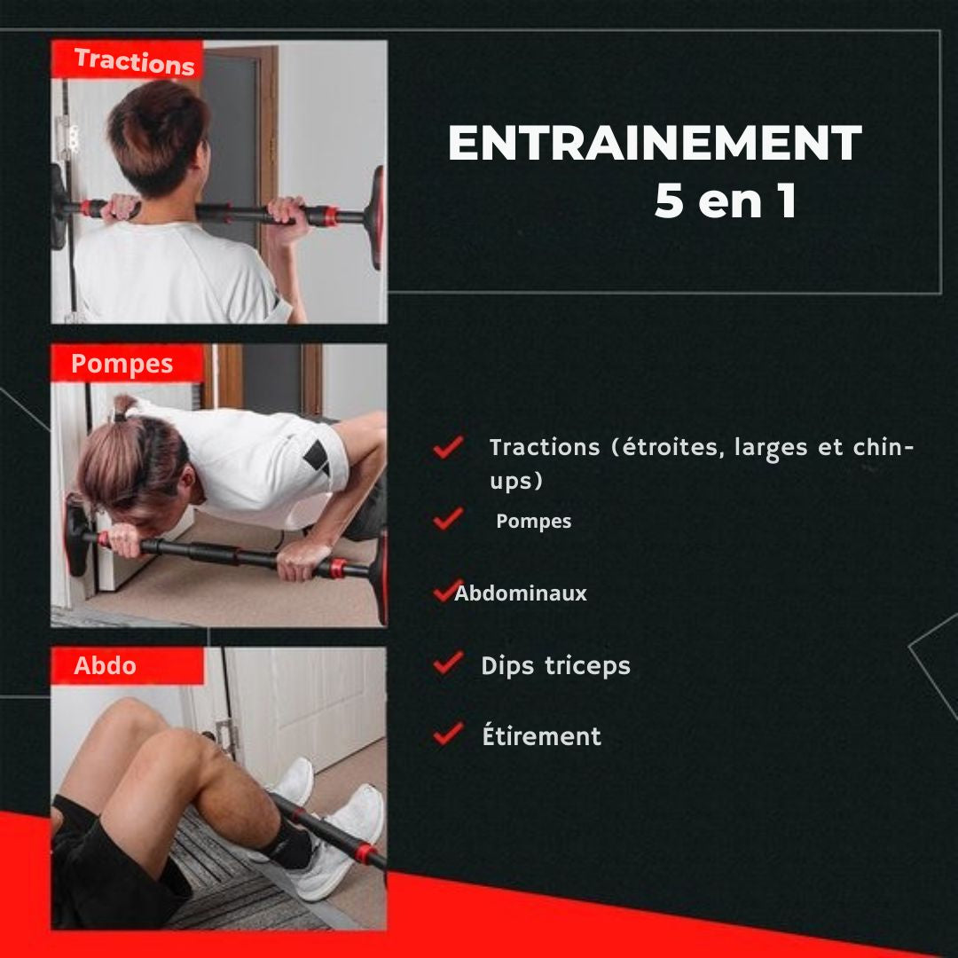 Barre de traction pour le fitness - Zoluko - Capacité de charge de 200kg - Fixation facile - sport à domicile - menton - Noir/Rouge