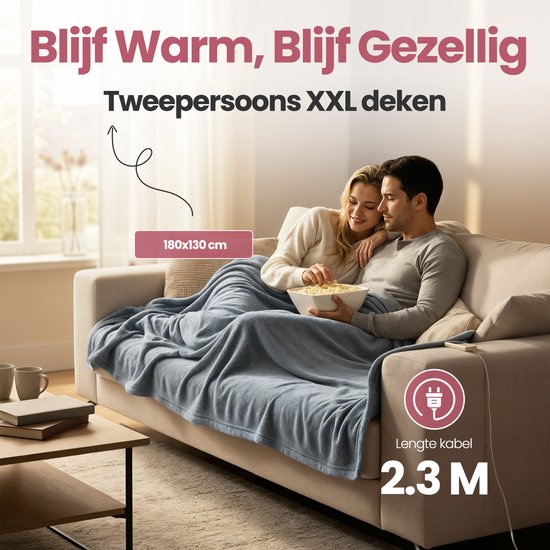 STAUS&BACH Couverture électrique XXL - Couverture supérieure pour 2 personnes - Couverture chauffante double face en polaire Sherpa - Gris bleu - 180x130 cm PowerNap
