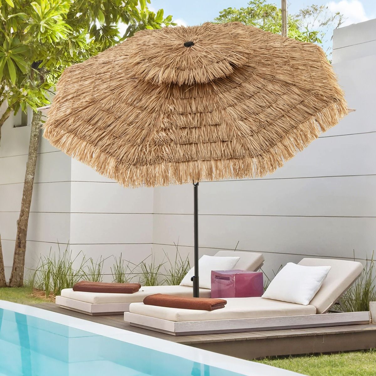 Coast Hawaiian Wicker Tiki Parasol 267x247 cm - Parasol de terrasse naturel avec manivelle, mécanisme d'inclinaison et 8 baleines robustes