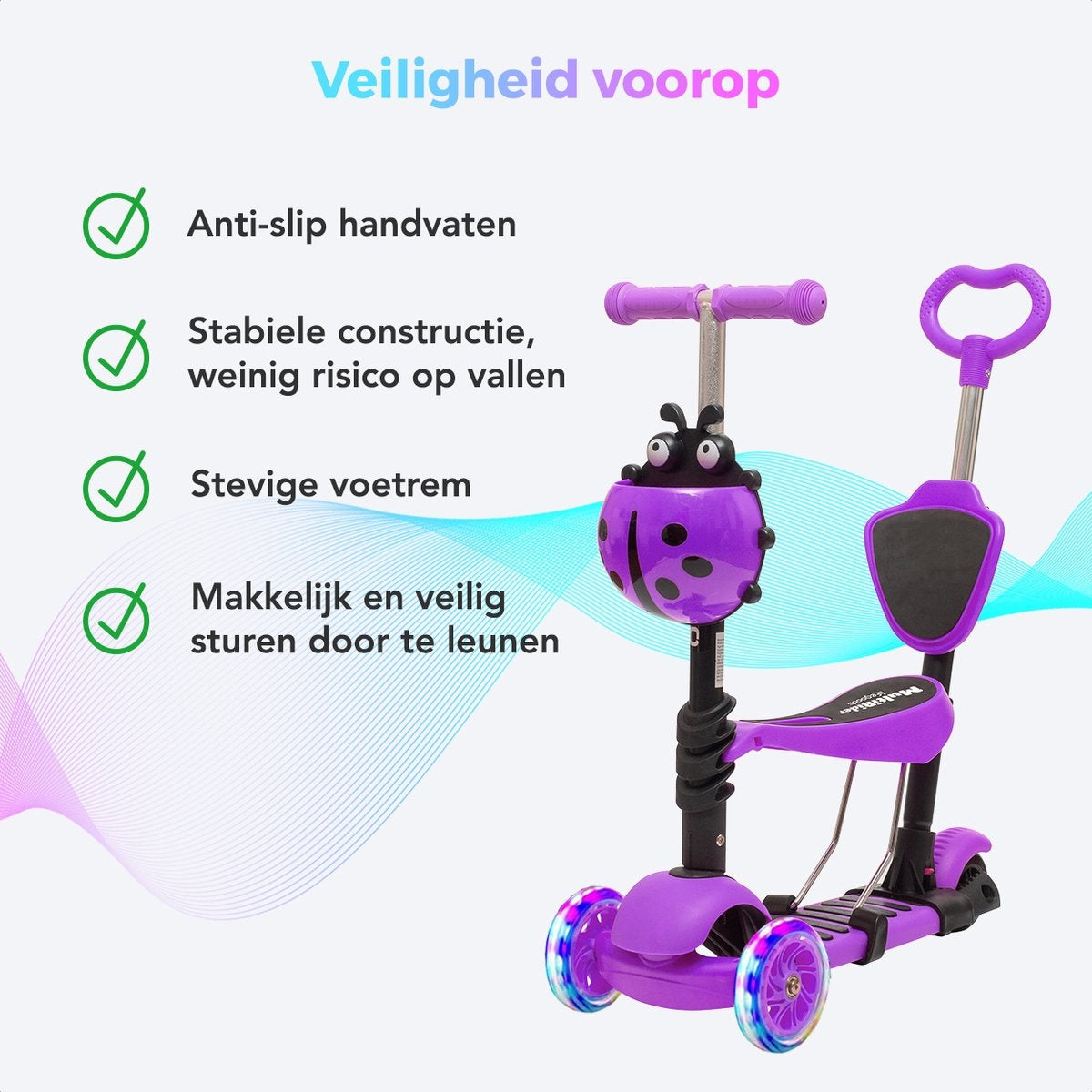 Scooter pour enfants avec barre de poussée - LifeGoods MultiRider - 3 à 8 ans - garçons/filles - 3 roues lumineuses - violet