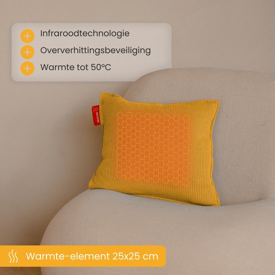 Auronic Heat Pillow - Tricoté - 45x45 - Sans fil - Rechargeable - Oreiller électrique - Infrarouge - Jaune
