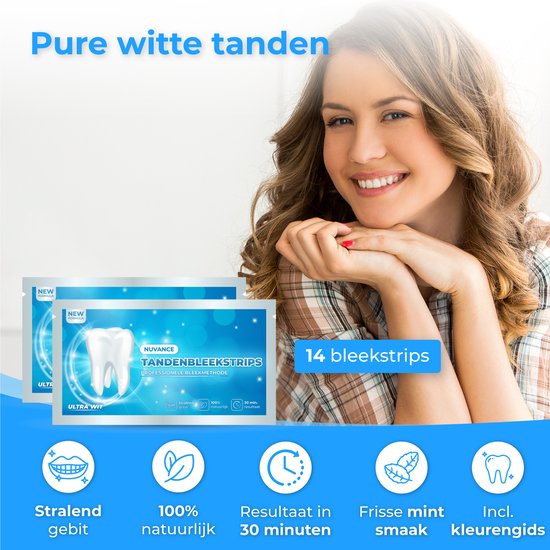 Nuvance - Bandes de blanchiment des dents - Set de blanchiment des dents - blanchiment des dents - avec 0% de peroxyde - dents blanches - 14 sets/28 bandes
