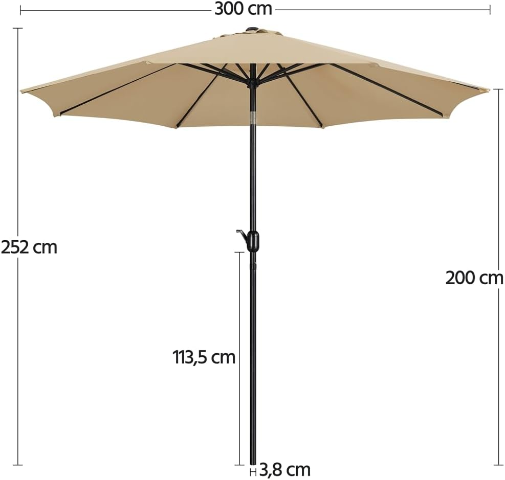 Parasol de jardin de 300 cm avec 8 baleines, manivelle et ouverture d'aération, couleur kaki