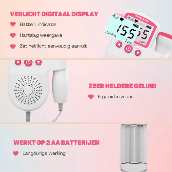 Vulpes Goods® BabyCare - Doppler Baby PRO - Baby Heart Monitor - Doppler fœtal - Doppler des battements cardiaques du bébé - Dispositif d'écho - Cadeau de grossesse - Rose - Gel d'échographie et bouchons d'oreille inclus