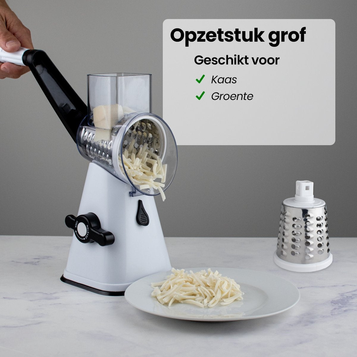 Râpe à tambour Nimma - Comprend 3 accessoires et un couteau en spirale - convient comme moulin à fromage et râpe - Blanc