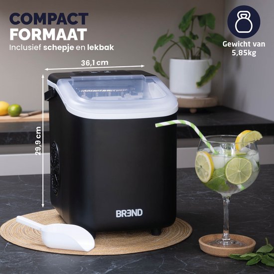 BREND BR-2213 Machine à glaçons avec cuillère et plateau d'égouttage - Grands L ou petits S glaçons - Machine à glaçons portable - 10 kg en 24 heures - Noir