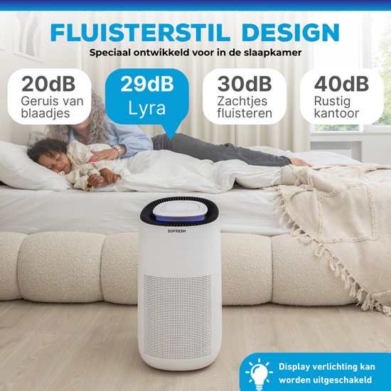 Sofresh purificateur d'air avec application - 80 m² - Mode automatique + système de filtration 6 en 1 - Indicateur de qualité de l'air - Ioniseur - UV - Filtre à air - Purificateur d'air avec filtre HEPA