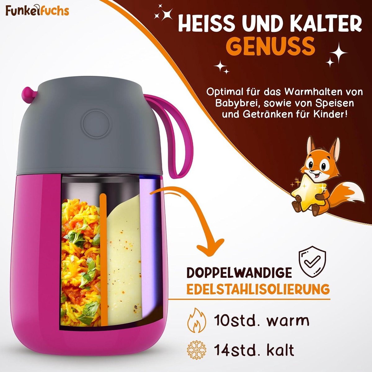 FUNKELFUCHS® Tasse thermo pour aliments pour enfants - 500ml, licorne rose - 100% étanche - Réchauffeur d'aliments en acier inoxydable - Tasse thermo pour aliments - Boîte à lunch thermo pour enfants - Réchauffeur d'aliments pour bébés