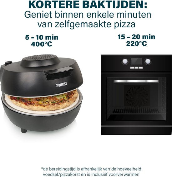 Four à pizza Princess 115005 - Appareil à pizza et four - Thermostat et minuterie réglables - 1 200 W - Pierre à pizza en céramique - 410 degrés - diamètre 30 cm - Noir