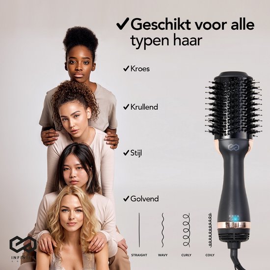 Infinity Goods 4-in-1 Hairdryer Brush - Ceramic Magic Brush - Dry/Style/Crull/Volume - Short And Long Hair - 1200W - Black/Gold